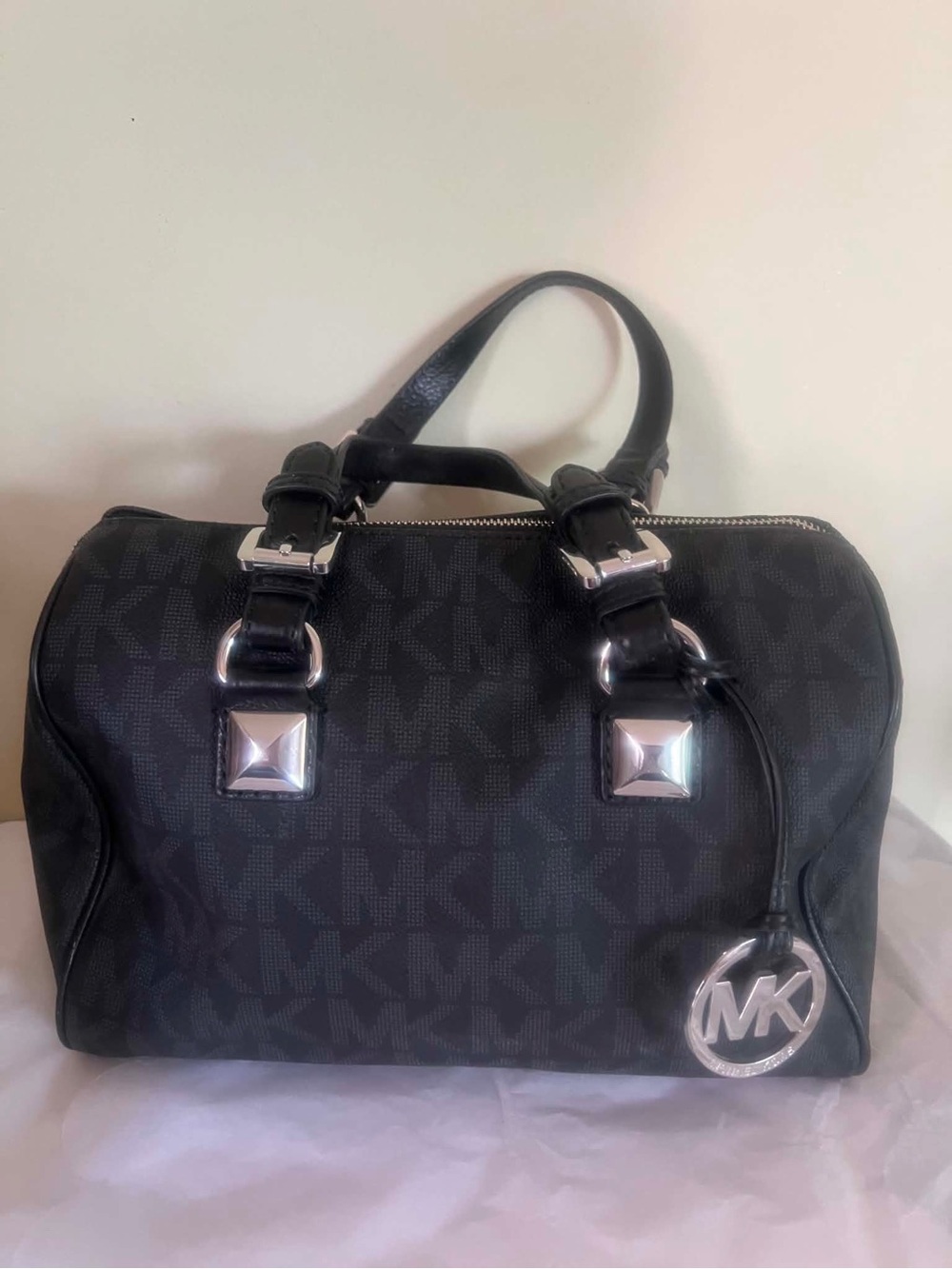 Michael Kors Black Monogram Satchel with Silver Hardware